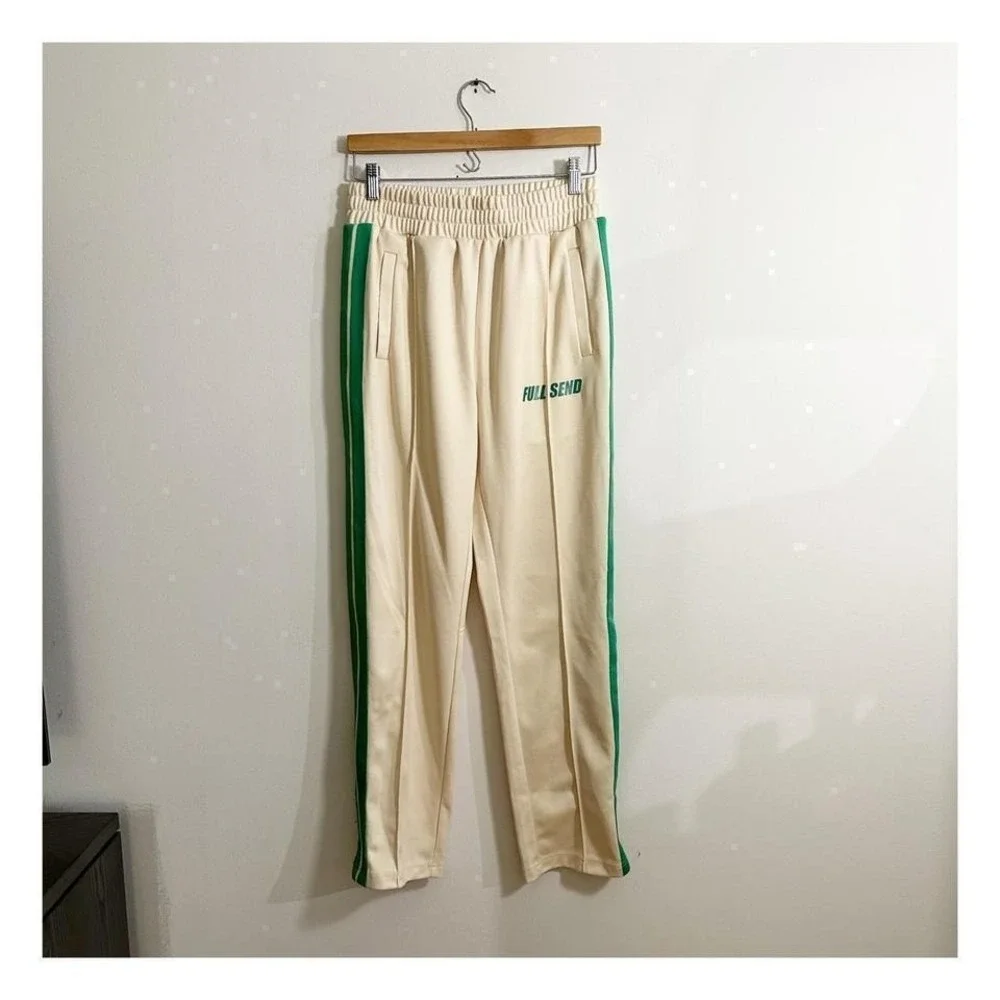 FULL SEND Track Pants Cream Green Side Stripe Elastic Waist Zip Ankle L